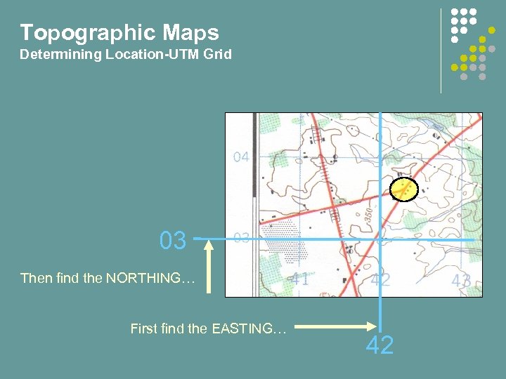 Topographic Maps Determining Location-UTM Grid 03 Then find the NORTHING… First find the EASTING…