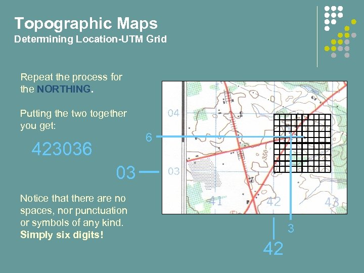 Topographic Maps Determining Location-UTM Grid Repeat the process for the NORTHING. Putting the two
