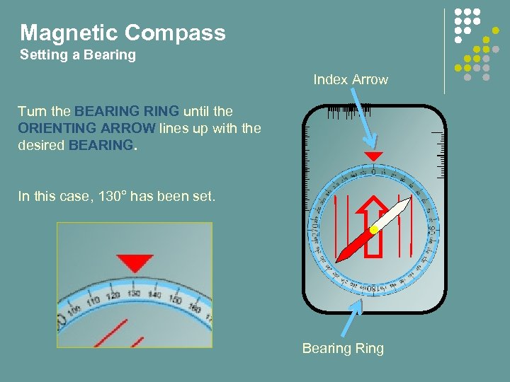 Magnetic Compass Setting a Bearing Index Arrow Turn the BEARING until the ORIENTING ARROW