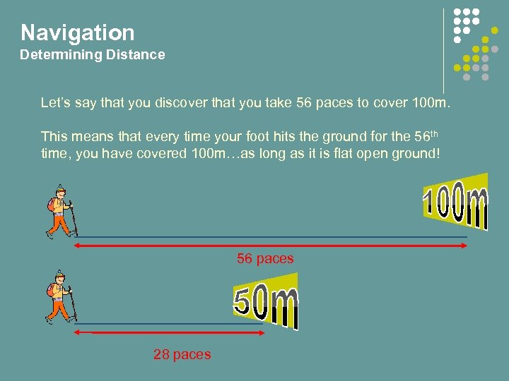 Navigation Determining Distance Let’s say that you discover that you take 56 paces to