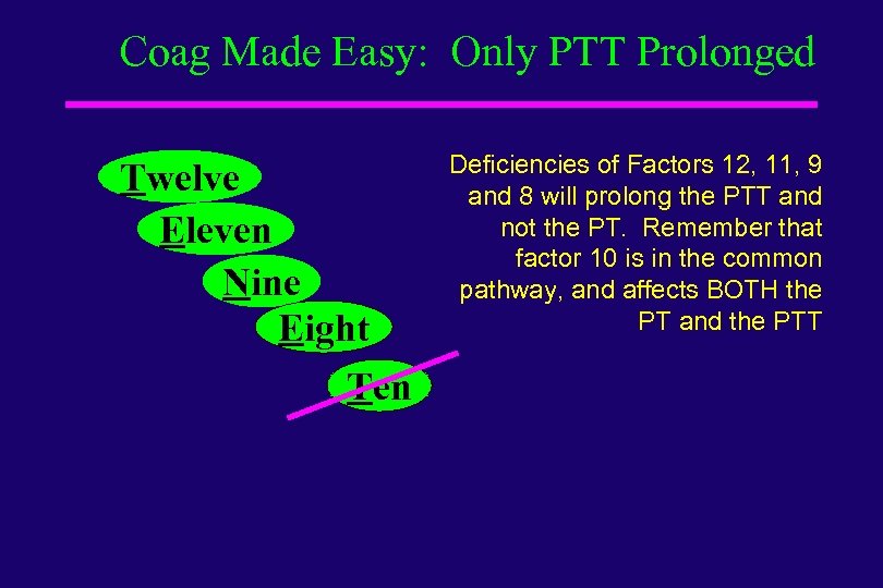 Coag Made Easy: Only PTT Prolonged Twelve Eleven Nine Eight Ten Deficiencies of Factors