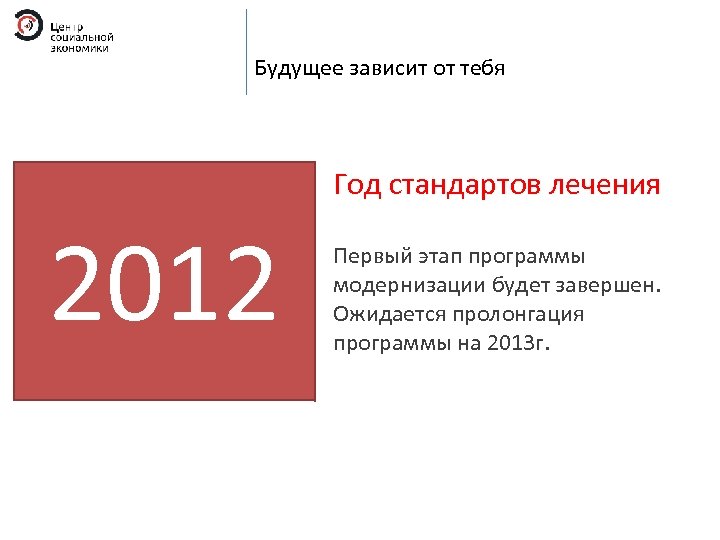 Будущее зависит от тебя Год стандартов лечения 2012 Первый этап программы модернизации будет завершен.
