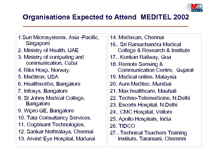 Organisations Expected to Attend MEDITEL 2002 1. Sun Microsystems, Asia -Pacific, Singapore 2. Ministry
