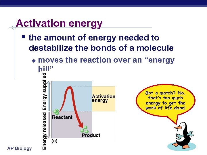 Activation energy § the amount of energy needed to destabilize the bonds of a