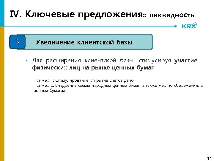 Ⅳ. Ключевые предложения: : ликвидность 3 Увеличение клиентской базы • Для расширения клиентской базы,