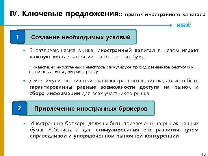 Ⅳ. Ключевые предложения: : 1 приток иностранного капитала Создание необходимых условий • В развивающемся