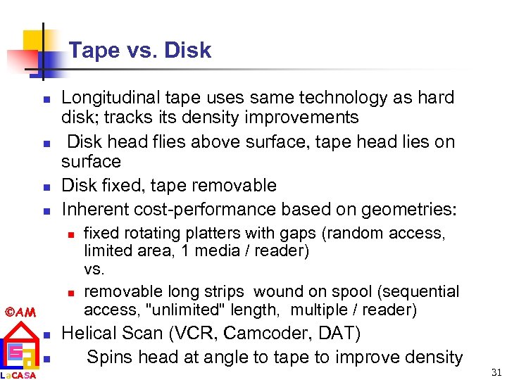 Tape vs. Disk n n Longitudinal tape uses same technology as hard disk; tracks