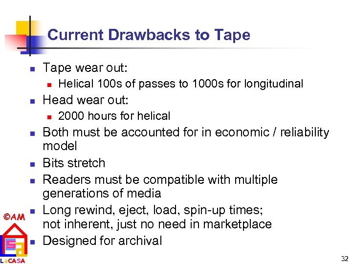 Current Drawbacks to Tape n Tape wear out: n n Head wear out: n