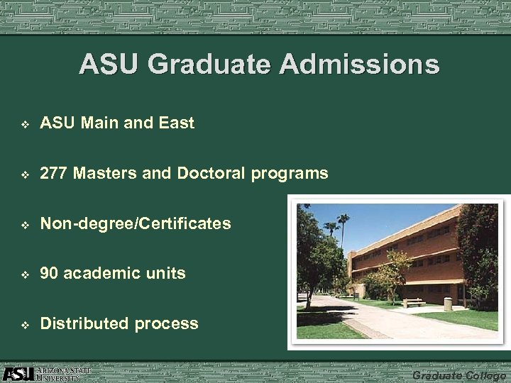 ASU Graduate Admissions v ASU Main and East v 277 Masters and Doctoral programs