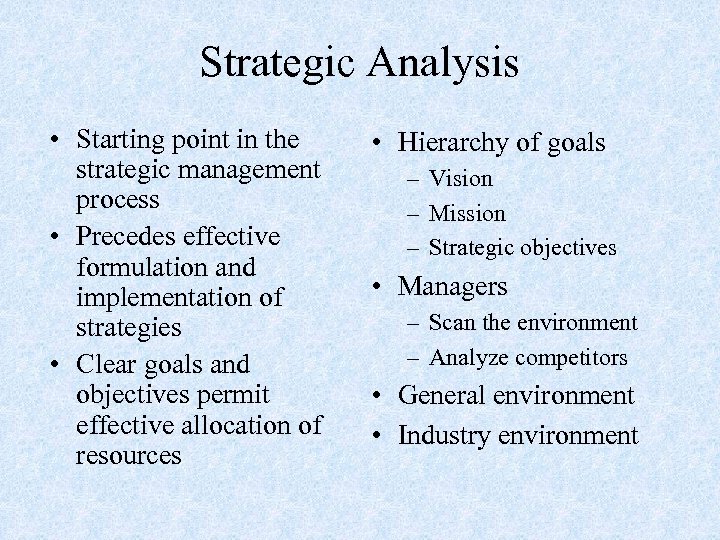 Strategic Analysis • Starting point in the strategic management process • Precedes effective formulation