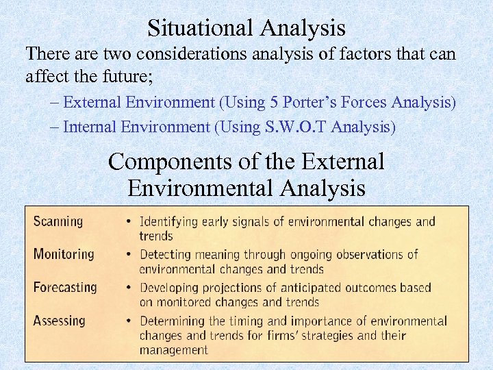 Situational Analysis There are two considerations analysis of factors that can affect the future;