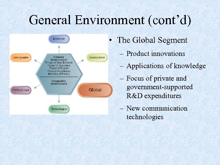 General Environment (cont’d) • The Global Segment – Product innovations – Applications of knowledge