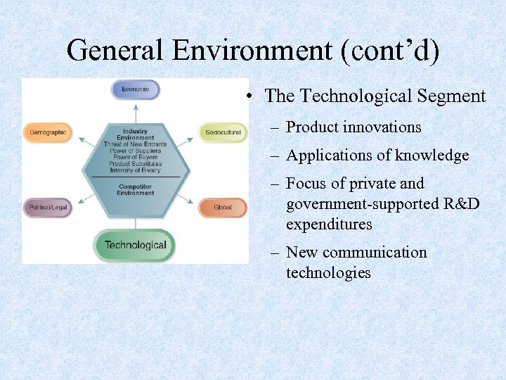 General Environment (cont’d) • The Technological Segment – Product innovations – Applications of knowledge