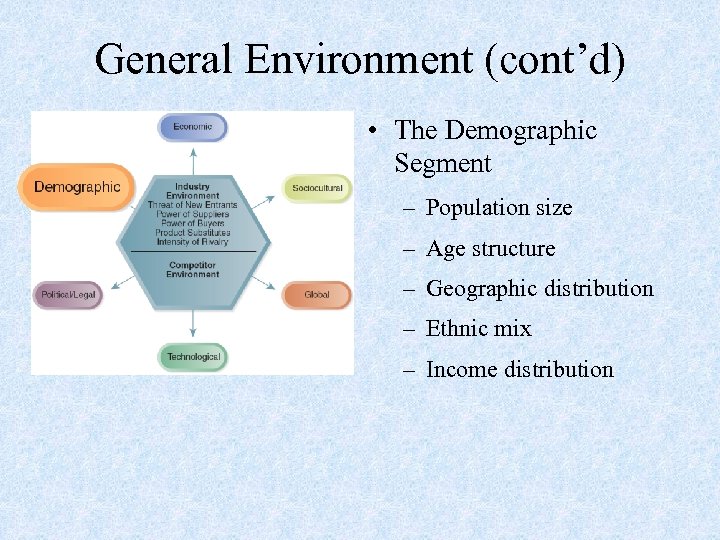 General Environment (cont’d) • The Demographic Segment – Population size – Age structure –