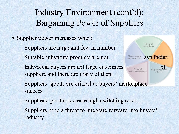 Industry Environment (cont’d); Bargaining Power of Suppliers • Supplier power increases when: – Suppliers