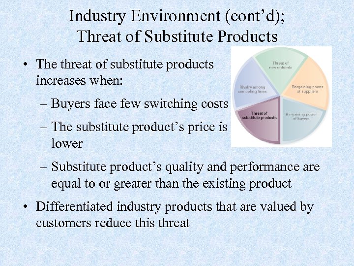 Industry Environment (cont’d); Threat of Substitute Products • The threat of substitute products increases