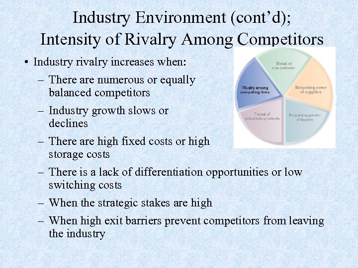 Industry Environment (cont’d); Intensity of Rivalry Among Competitors • Industry rivalry increases when: –