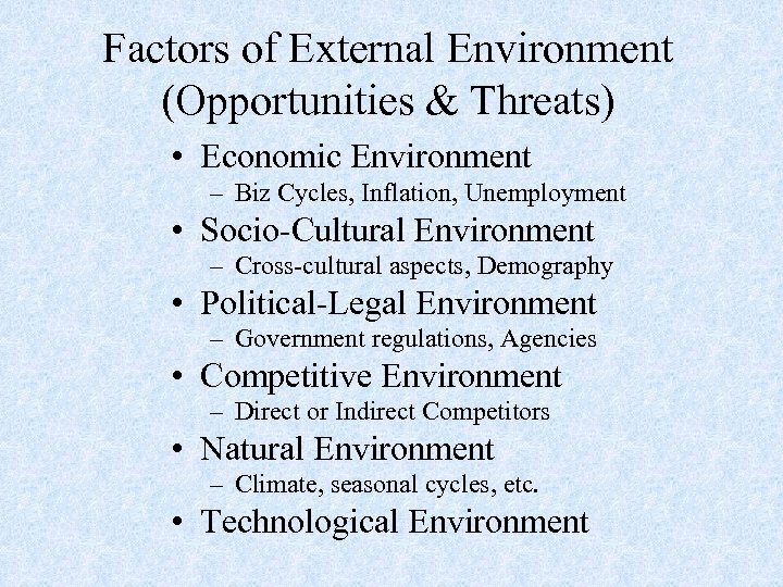 Factors of External Environment (Opportunities & Threats) • Economic Environment – Biz Cycles, Inflation,