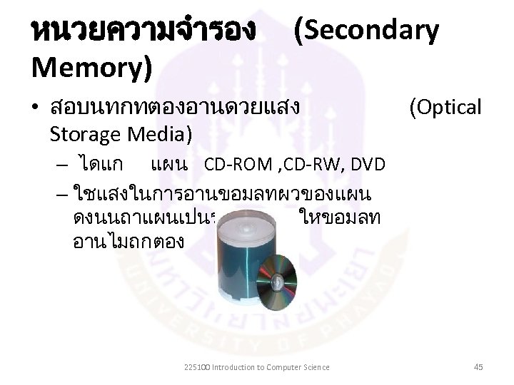 หนวยความจำรอง Memory) (Secondary • สอบนทกทตองอานดวยแสง Storage Media) (Optical – ไดแก แผน CD-ROM , CD-RW,