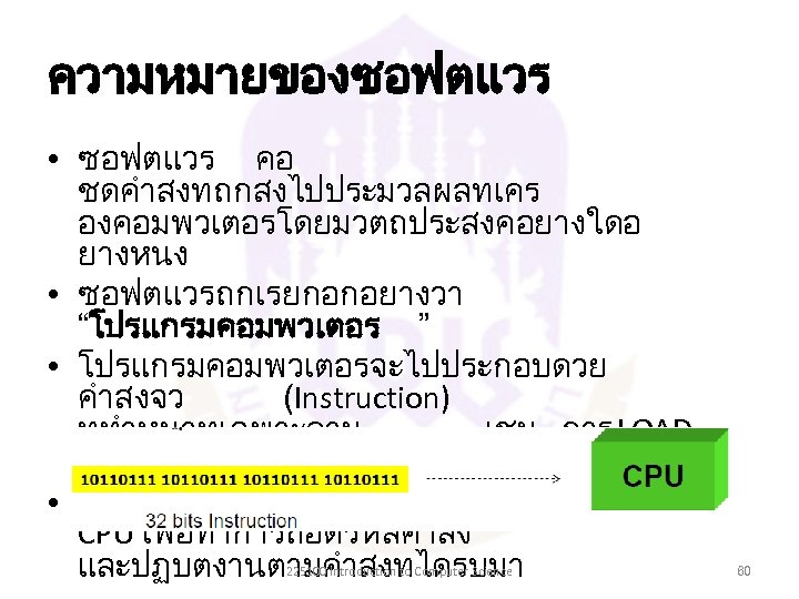 ความหมายของซอฟตแวร • ซอฟตแวร คอ ชดคำสงทถกสงไปประมวลผลทเคร องคอมพวเตอรโดยมวตถประสงคอยางใดอ ยางหนง • ซอฟตแวรถกเรยกอกอยางวา “โปรแกรมคอมพวเตอร ” • โปรแกรมคอมพวเตอรจะไปประกอบดวย คำสงจว