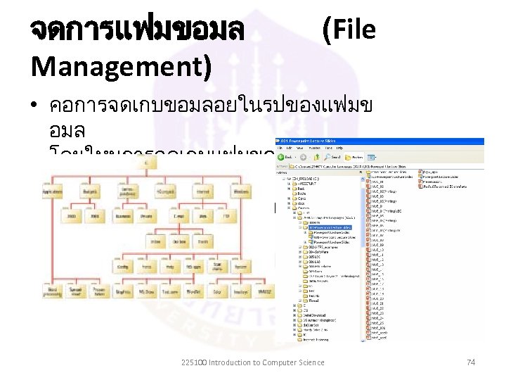 จดการแฟมขอมล Management) (File • คอการจดเกบขอมลอยในรปของแฟมข อมล โดยใหมการจดเกบแฟมขอมลทมโครง สรางทเปนระบบ จงทำใหสะดวกและรวดเรวตอการคนหา 225100 Introduction to Computer Science