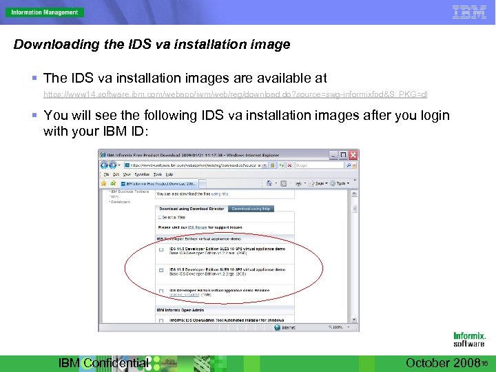 Downloading the IDS va installation image § The IDS va installation images are available