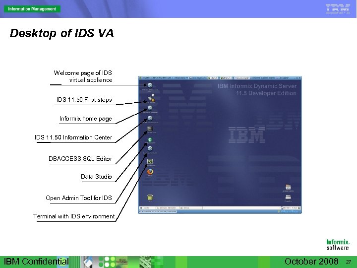 Desktop of IDS VA Welcome page of IDS virtual appliance IDS 11. 50 First