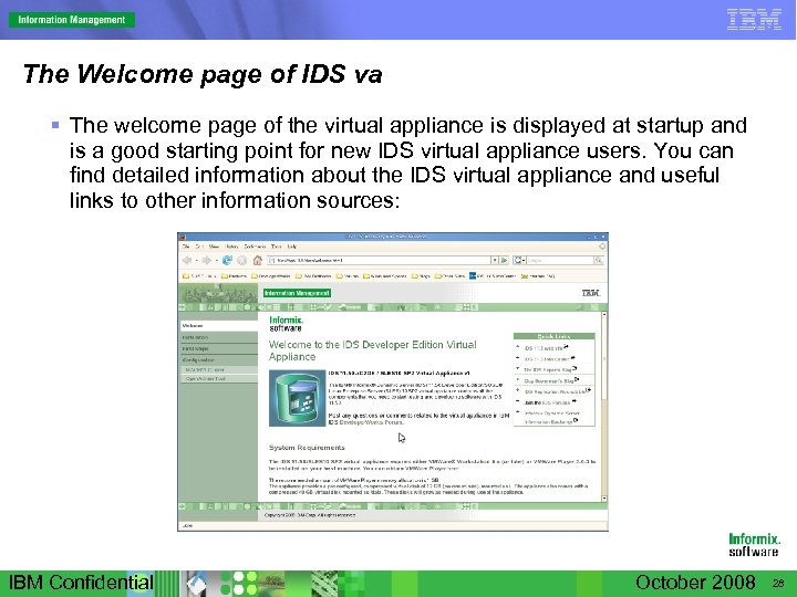 The Welcome page of IDS va § The welcome page of the virtual appliance