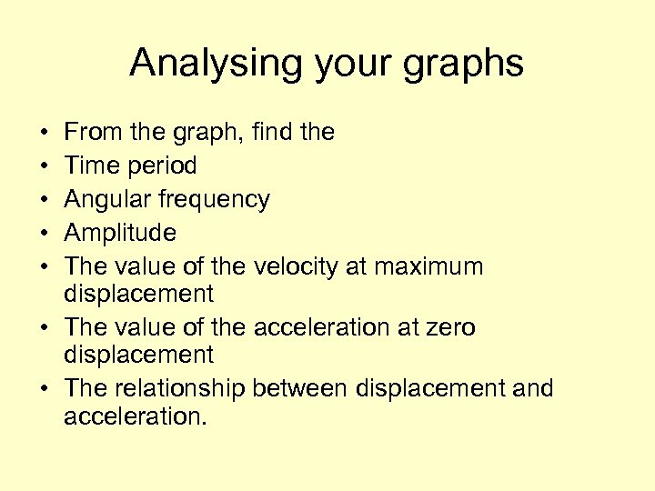 Analysing your graphs • • • From the graph, find the Time period Angular