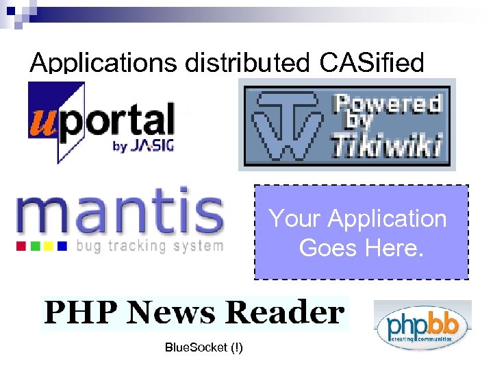 Applications distributed CASified Your Application Goes Here. Blue. Socket (!) 