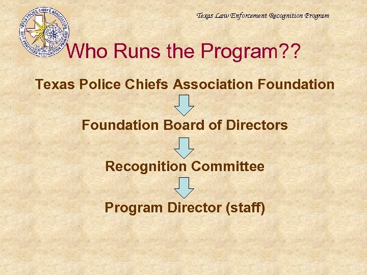 Texas Law Enforcement Recognition Program Who Runs the Program? ? Texas Police Chiefs Association
