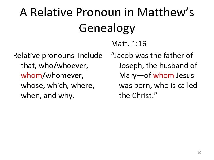 A Relative Pronoun in Matthew’s Genealogy Matt. 1: 16 Relative pronouns include “Jacob was