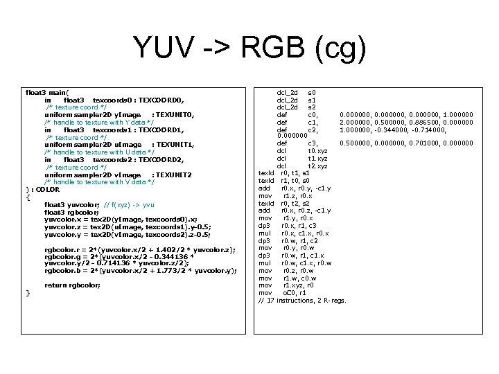 YUV -> RGB (cg) float 3 main( in float 3 texcoords 0 : TEXCOORD