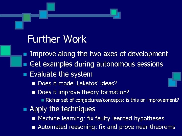 Further Work n n n Improve along the two axes of development Get examples