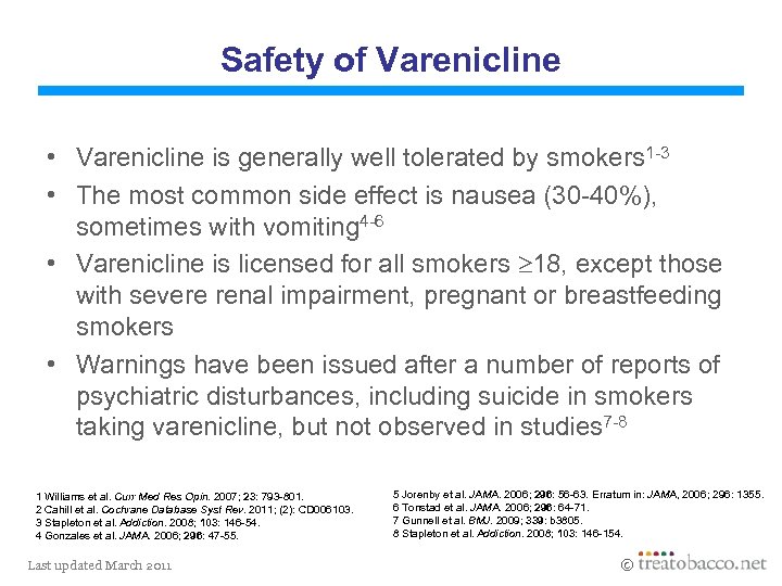 Safety of Varenicline • Varenicline is generally well tolerated by smokers 1 -3 •