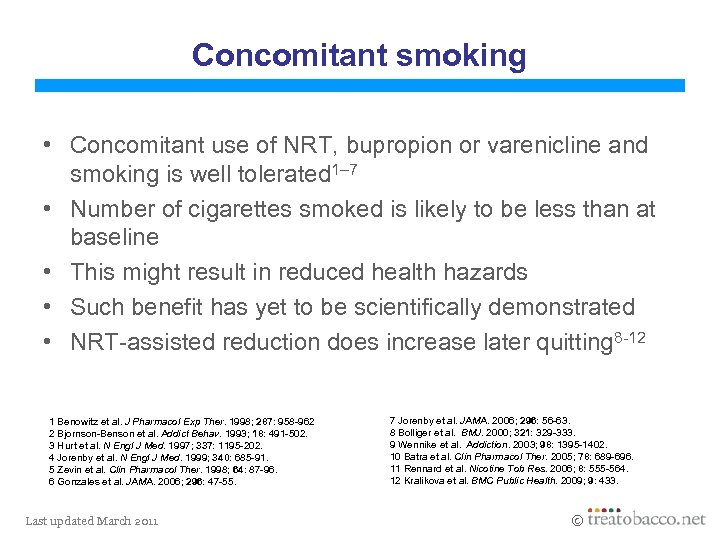 Concomitant smoking • Concomitant use of NRT, bupropion or varenicline and smoking is well