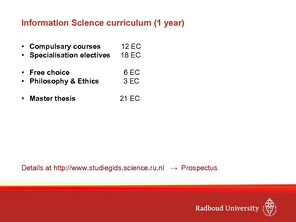 Information Science curriculum (1 year) • Compulsary courses • Specialisation electives • Free choice