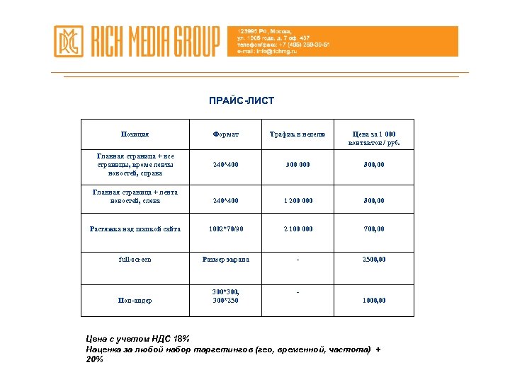 ПРАЙС-ЛИСТ Позиция Формат Трафик в неделю Цена за 1 000 контактов / руб. Главная