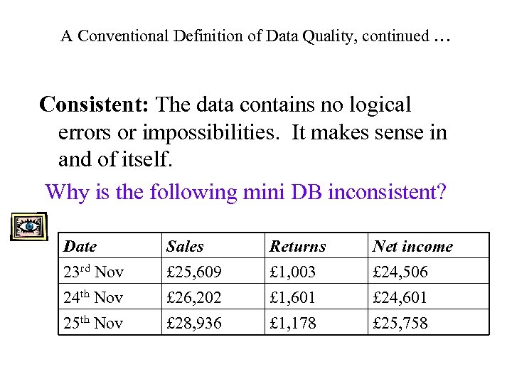 A Conventional Definition of Data Quality, continued … Consistent: The data contains no logical