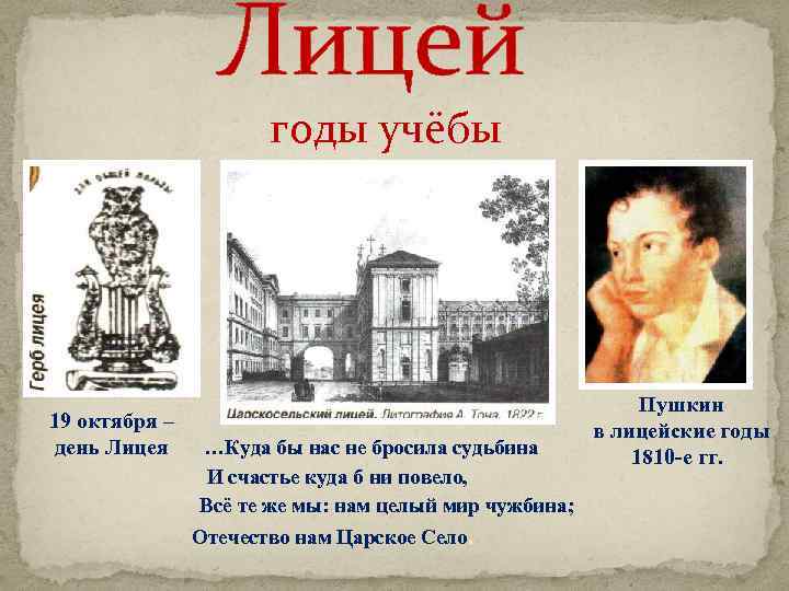 Лицей годы учёбы Пушкин 19 октября – в лицейские годы день Лицея …Куда бы