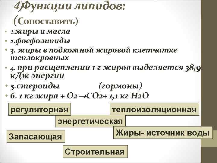 4)Функции липидов: (Сопоставить) • 1. жиры и масла • 2. фосфолипиды • 3. жиры