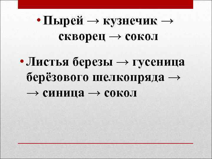  • Пырей → кузнечик → скворец → сокол • Листья березы → гусеница
