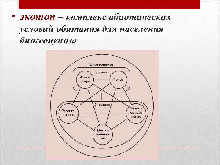  • экотоп – комплекс абиотических условий обитания для населения биогеоценоза 
