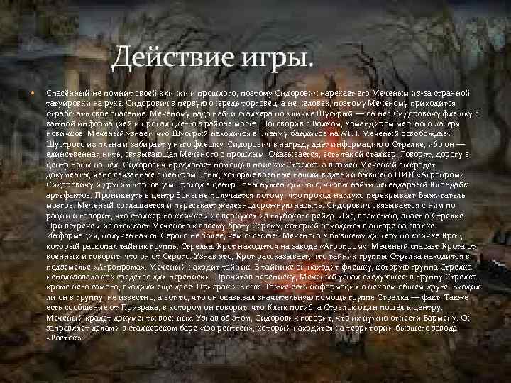  Действие игры. Спасённый не помнит своей клички и прошлого, поэтому Сидорович нарекает его