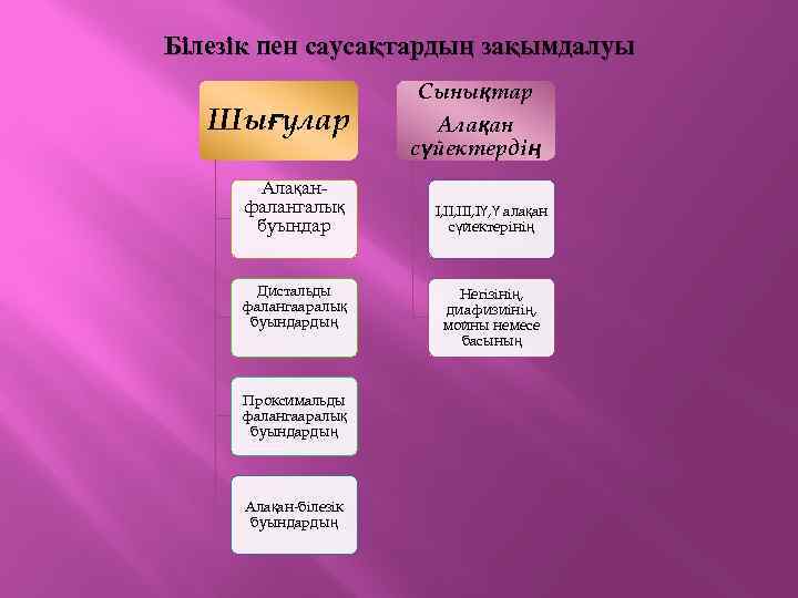 Білезік пен саусақтардың зақымдалуы Шығулар Алақанфалангалық буындар Дистальды фалангааралық буындардың Проксимальды фалангааралық буындардың Алақан-білезік