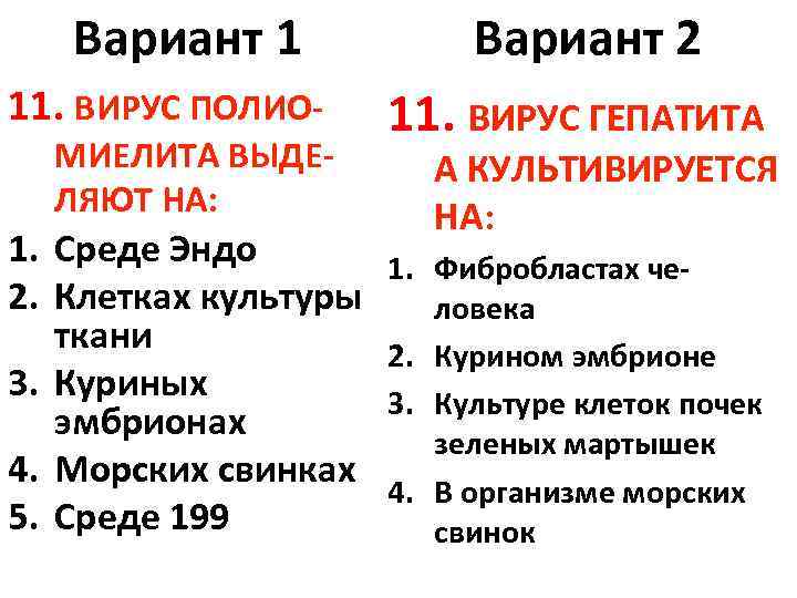 Вариант 1 11. ВИРУС ПОЛИО- МИЕЛИТА ВЫДЕЛЯЮТ НА: 1. Среде Эндо 2. Клетках культуры