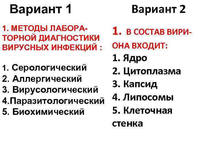 Вариант 2 Вариант 1 1. МЕТОДЫ ЛАБОРАТОРНОЙ ДИАГНОСТИКИ ВИРУСНЫХ ИНФЕКЦИЙ : 1. В СОСТАВ