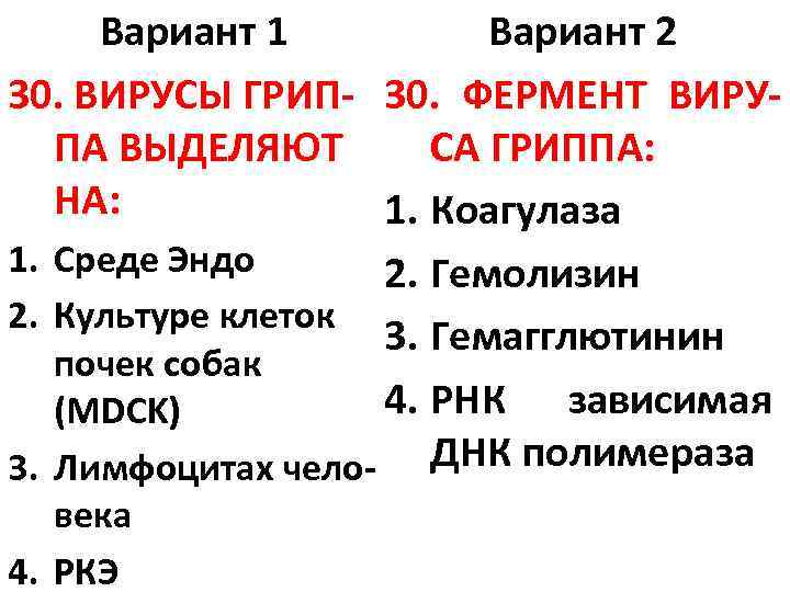 Вариант 1 Вариант 2 30. ВИРУСЫ ГРИП- 30. ФЕРМЕНТ ВИРУПА ВЫДЕЛЯЮТ СА ГРИППА: НА: