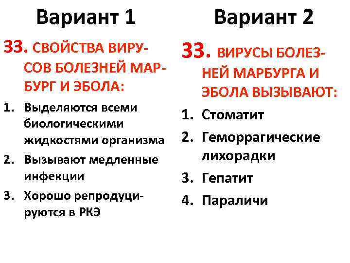 Вариант 1 33. СВОЙСТВА ВИРУ- СОВ БОЛЕЗНЕЙ МАРБУРГ И ЭБОЛА: 1. Выделяются всеми биологическими