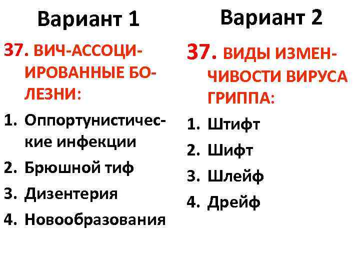 Вариант 2 Вариант 1 37. ВИЧ-АССОЦИ 1. 2. 3. 4. ИРОВАННЫЕ БОЛЕЗНИ: Оппортунистические инфекции